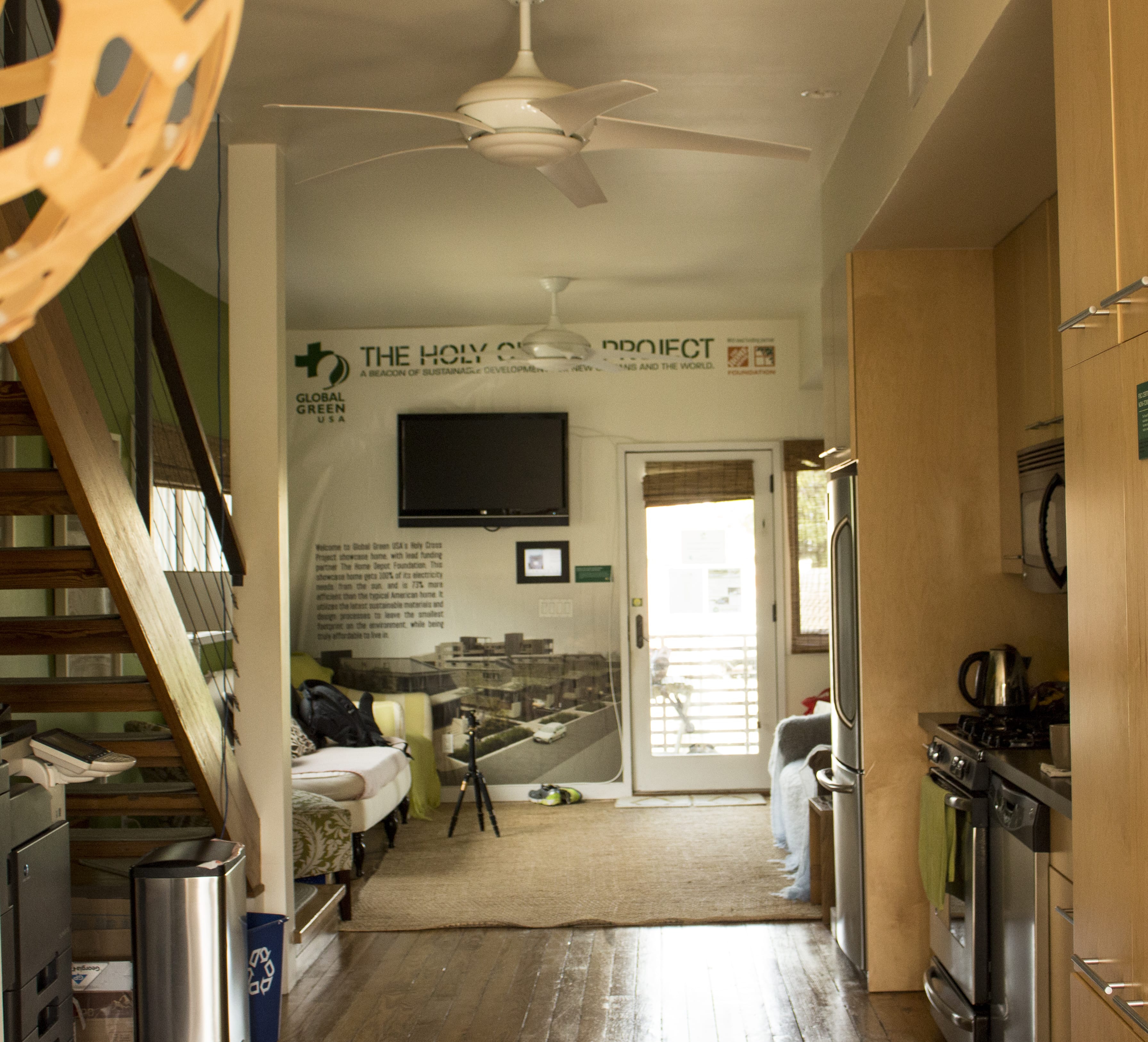The Global Green single family homes in the Lower Ninth Ward are considered net zero, meaning they produce as much or more energy than they expend. The homes interiors are built with readily renewable and environmentally friendly materials and decorated with art made by local artists.